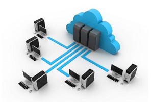 Image description: Cloud computing image with numerous desktop computers connecting to a data center in the cloud.